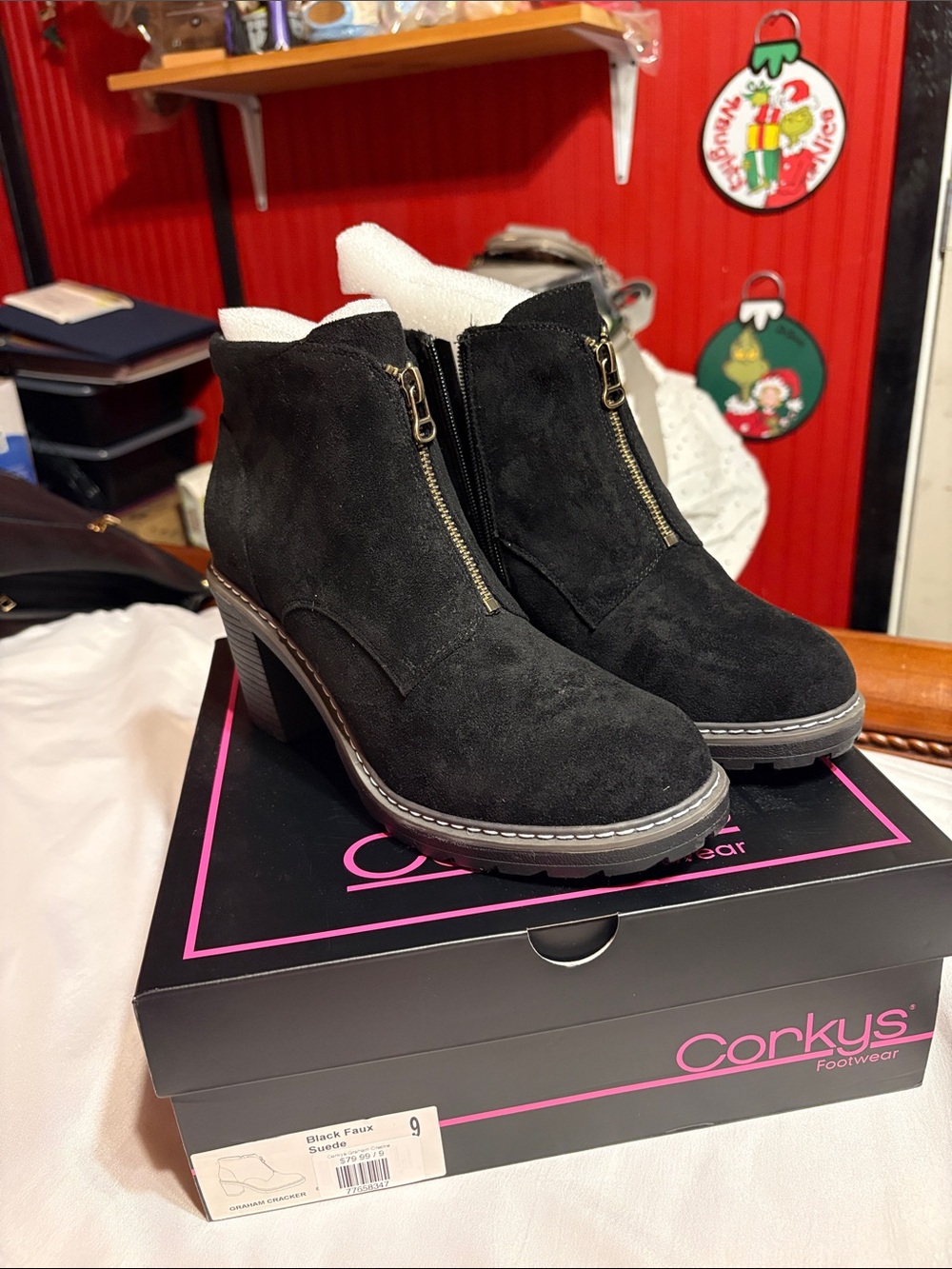 Corkys Black Faux Suede Front-Zip Ankle Booties